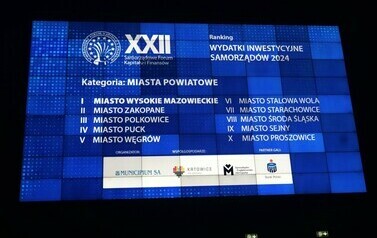 XXII Samorządowego Forum Kapitału i Finans&oacute;w (na zdjęciu znajduje się tablica multimedialna z napisami)