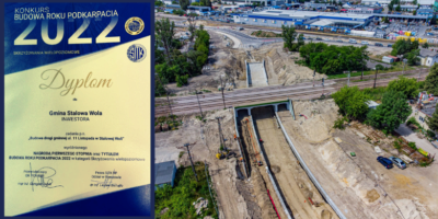 kolaż zdjęć inwestycji tunelu ul. 11 listopada i dyplomu nagrody za tą inwestycje